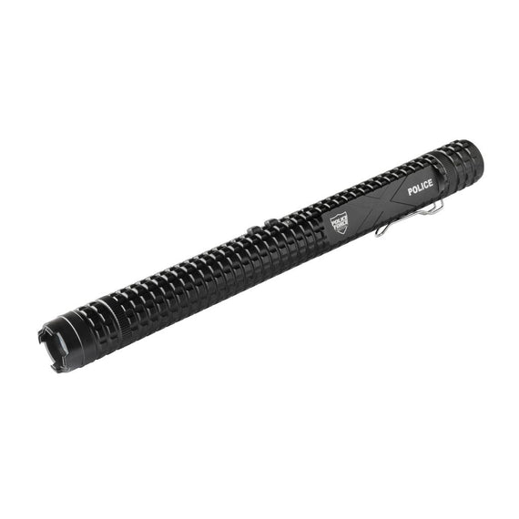 Police Force Tactical 12000000 stun baton flashlight with removable rechargeable batteries and aluminum construction