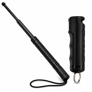 Push Button Auto Expandable Baton and Streetwise Sticky Gel Pepper Spray self-defense bundle on a white background.