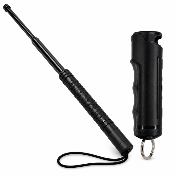 Push Button Auto Expandable Baton and Streetwise Sticky Gel Pepper Spray self-defense bundle on a white background.