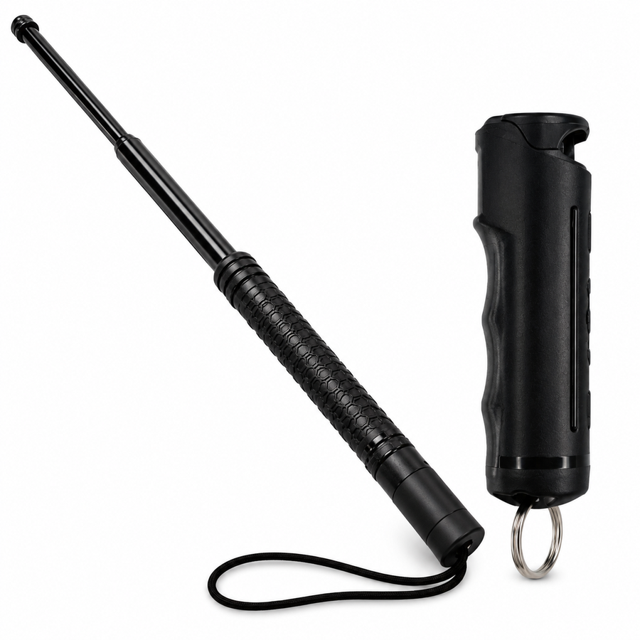 Push Button Auto Expandable Baton and Streetwise Sticky Gel Pepper Spray self-defense bundle on a white background.