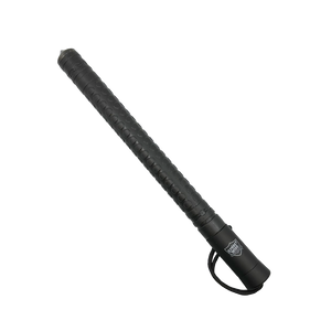 Push‑button auto‑expandable baton shown in its closed position with compact cylindrical body and flashlight head.