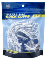 retail package showing ten white disposable restraint cuffs