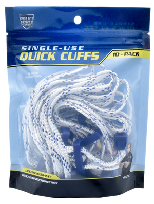retail package showing ten white disposable restraint cuffs