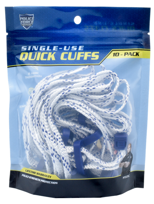 a pair of white nylon/polycarbonate disposable quick cuffs shown fully extended