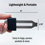 Instructional graphic showing the Quick Jam portable door blocker sliding under the door and locking into place