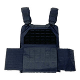 Back view of a black quick‑release laser‑cut plate carrier featuring a drag handle, rear MOLLE panel, and reinforced stitching.

