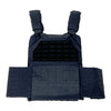 Back view of a black quick‑release laser‑cut plate carrier featuring a drag handle, rear MOLLE panel, and reinforced stitching.


