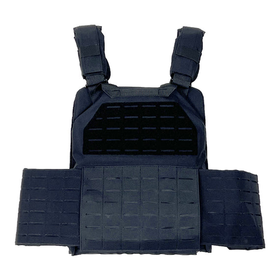 Black 10x12 quick release laser cut MOLLE plate carrier with adjustable cummerbund and side plate pockets.