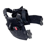 Black plate carrier with Cumberland‑style quick‑release hardware and laser‑cut MOLLE fields across the body.