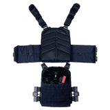 Black quick‑release laser‑cut plate carrier shown in multiple profile views highlighting its streamlined shape, padded straps, and modular MOLLE fields.