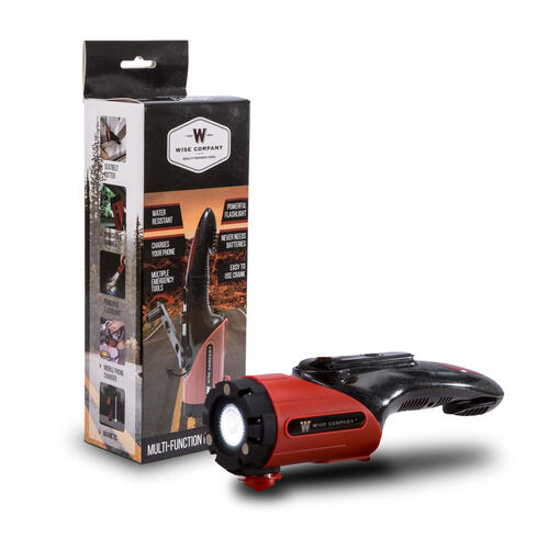 ReadyWise multi-functional survival flashlight with seatbelt cutter, window hammer, emergency lights, and hand crank phone charger