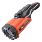 emergency survival flashlight tool featuring seatbelt cutter, window breaker, hand‑crank charger, and signal lights