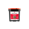freeze dried meat and rice survival bucket shown with printed label and sealed container