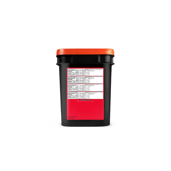 freeze dried meat and rice survival bucket shown with printed label and sealed container
