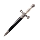Renaissance medieval knight displaying a closed dagger sheath, wearing detailed period armor with authentic historical styling and decorative craftsmanship.