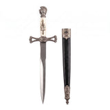 Renaissance medieval knight presenting an open dagger sheath with exposed blade, wearing detailed period armor and showcasing authentic historical craftsmanship and design.
