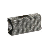 small silver keychain stun gun featuring a rhinestone no‑slip grip and built‑in LED light