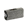 small silver keychain stun gun featuring a rhinestone no‑slip grip and built‑in LED light