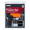SABRE Aim & Fire pepper gel trigger‑grip unit shown in its retail packaging with product branding and safety details
