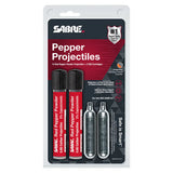 Manufacturer packaging displaying Sabre Live 0.68‑caliber projectiles and CO2 cartridges arranged inside the retail blister pack.