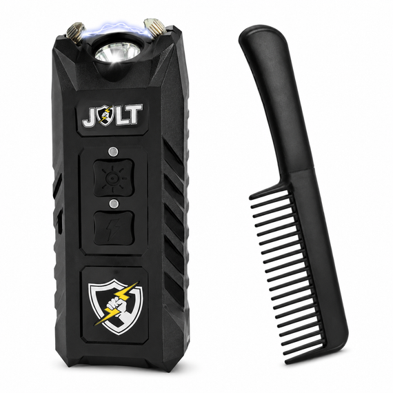 3-N-1 Safe Keeper rechargeable stun gun with comb knife self-defense bundle on white background.