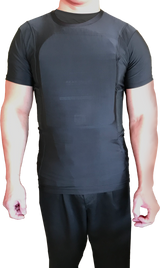 concealed‑carry ballistic shirt featuring dual holsters and internal armor pockets