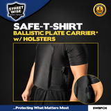 Streetwise Safe-T-Shirt ballistic plate carrier compression shirt featuring integrated concealed carry holsters, magazine pockets, and front and rear armor panel compartments