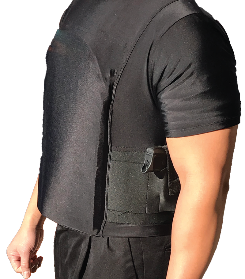 Safe‑T‑Shirt worn with concealed holster placement showing discreet carry profile