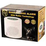 Retail packaging for the Safety Technology barking dog alarm showing product image, radar‑detection features, and branding.