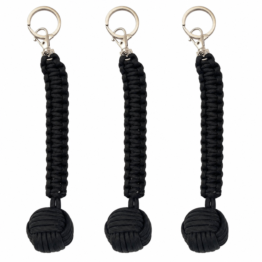 three SAP monkey‑fist key rings displayed together, showing the woven cord heads and attached metal key rings