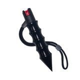 The color black self‑defense hammer spray featuring an integrated pepper spray canister and a pointed DNA‑recovery tip in a front‑facing view.