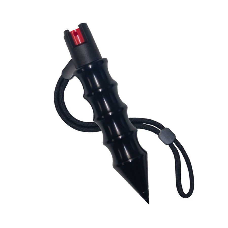 The color black self‑defense hammer spray featuring an integrated pepper spray canister and a pointed DNA‑recovery tip in a front‑facing view.