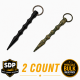 Two mixed‑color self‑defense kubotan keychains displayed together, showing their tapered ends and textured cylindrical grips.