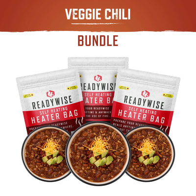 self-heating veggie chili soup meal kit with snack bundle for emergency preparedness, camping, travel, and outdoor adventures