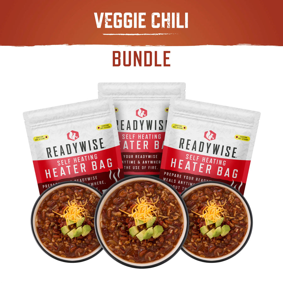 self-heating veggie chili soup meal kit with snack bundle for emergency preparedness, camping, travel, and outdoor adventures