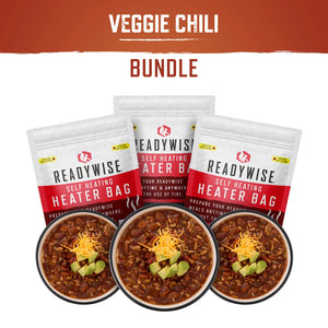 self-heating veggie chili soup meal kit with snack bundle for emergency preparedness, camping, travel, and outdoor adventures