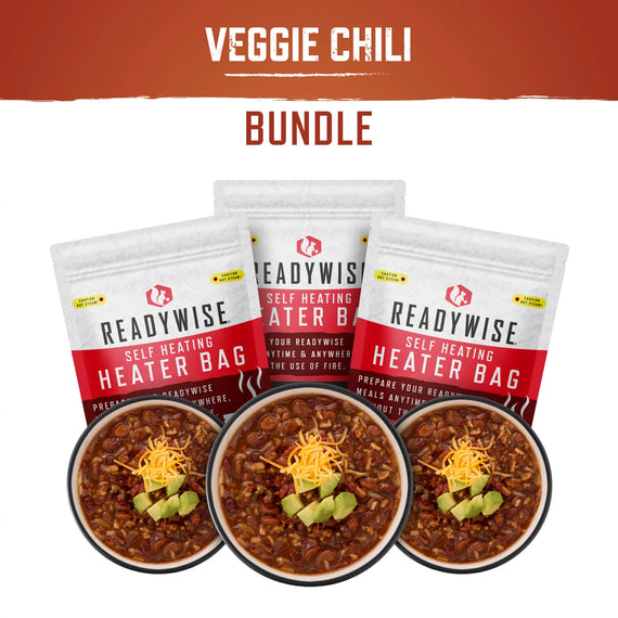 self-heating veggie chili soup meal kit with snack bundle for emergency preparedness, camping, travel, and outdoor adventures