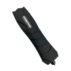 Streetwise Serpent rechargeable stun gun with four LED lights, window breaker, textured snakeskin grip, and metal belt clip for everyday personal protection.