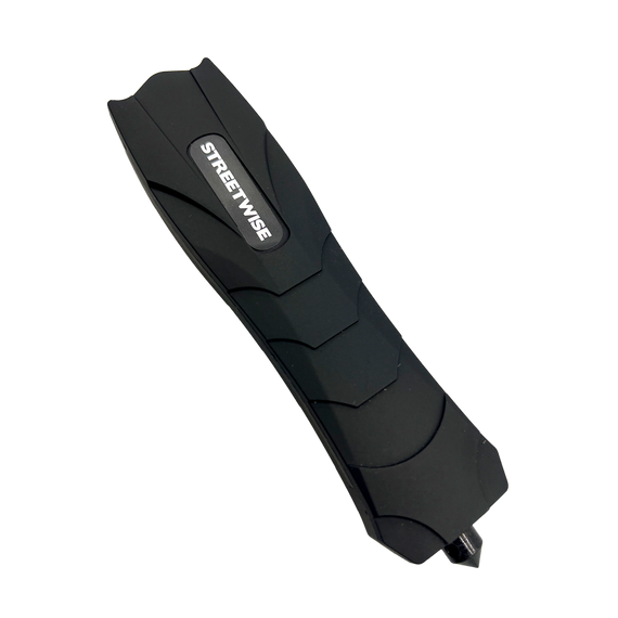 Streetwise Serpent rechargeable stun gun with four LED lights, window breaker, textured snakeskin grip, and metal belt clip for everyday personal protection.