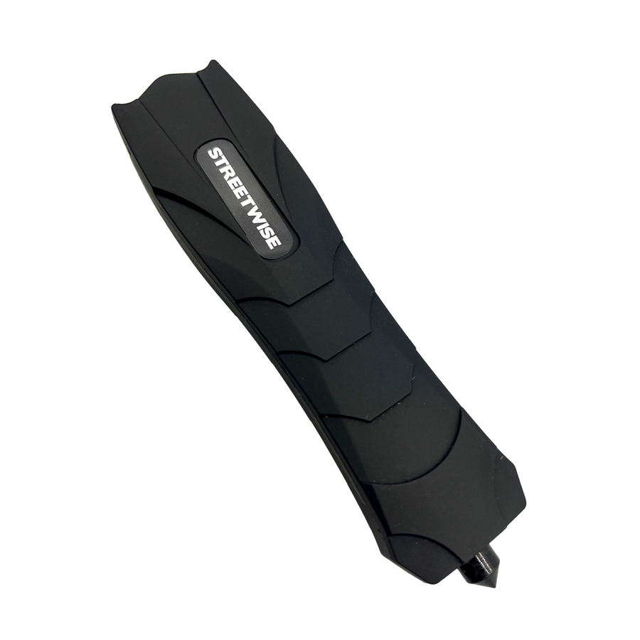 Streetwise Serpent rechargeable stun gun with four LED lights, window breaker, textured snakeskin grip, and metal belt clip for everyday personal protection.