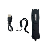 Black Serpent stun gun shown with all included contents such as charging cable, holster, and instruction sheet.