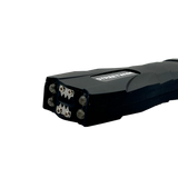 Detailed front view of the black Serpent stun gun highlighting the metal contact points and sleek housing.