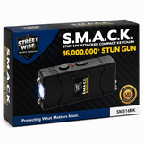 Front view of the black Smack stun gun retail packaging showing product branding, device image, and key feature highlights.