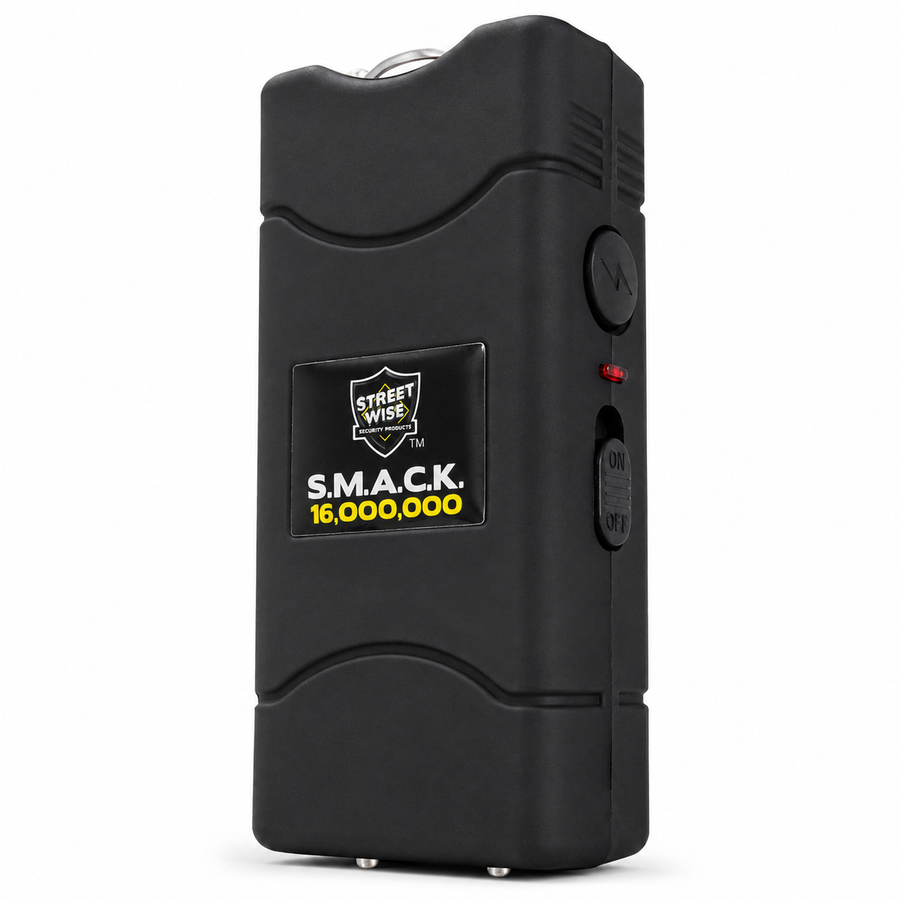 Streetwise SMACK 16 Million Volt rechargeable keychain stun gun with LED flashlight, USB charging, holster, and built-in keychain for everyday personal protection.