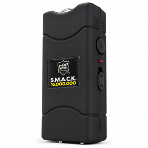 Streetwise SMACK 16 Million Volt rechargeable keychain stun gun with LED flashlight, USB charging, holster, and built-in keychain for everyday personal protection.