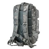 Small tactical backpack in digital camouflage with MOLLE webbing, multiple zippered storage compartments, adjustable shoulder straps and front patch panel view of the shoulder straps.