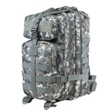 Small tactical backpack in digital camouflage with MOLLE webbing, multiple zippered storage compartments, adjustable shoulder straps and front patch panel side view.