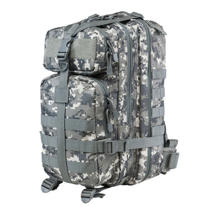 Small tactical backpack in digital camouflage with MOLLE webbing, multiple zippered storage compartments, adjustable shoulder straps and front patch panel side view.