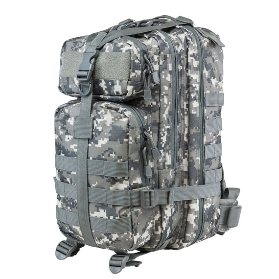 Small tactical backpack in digital camouflage with MOLLE webbing, multiple zippered storage compartments, adjustable shoulder straps and front patch panel.