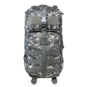 Small tactical backpack in digital camouflage with MOLLE webbing, multiple zippered storage compartments, adjustable shoulder straps and front patch panel.